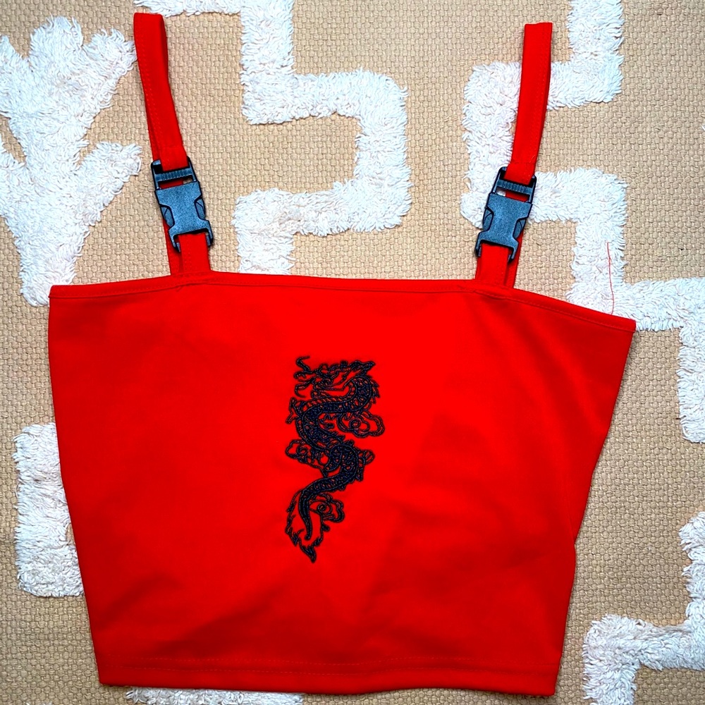 Dragon Embroidered Buckle Strap Tank Top